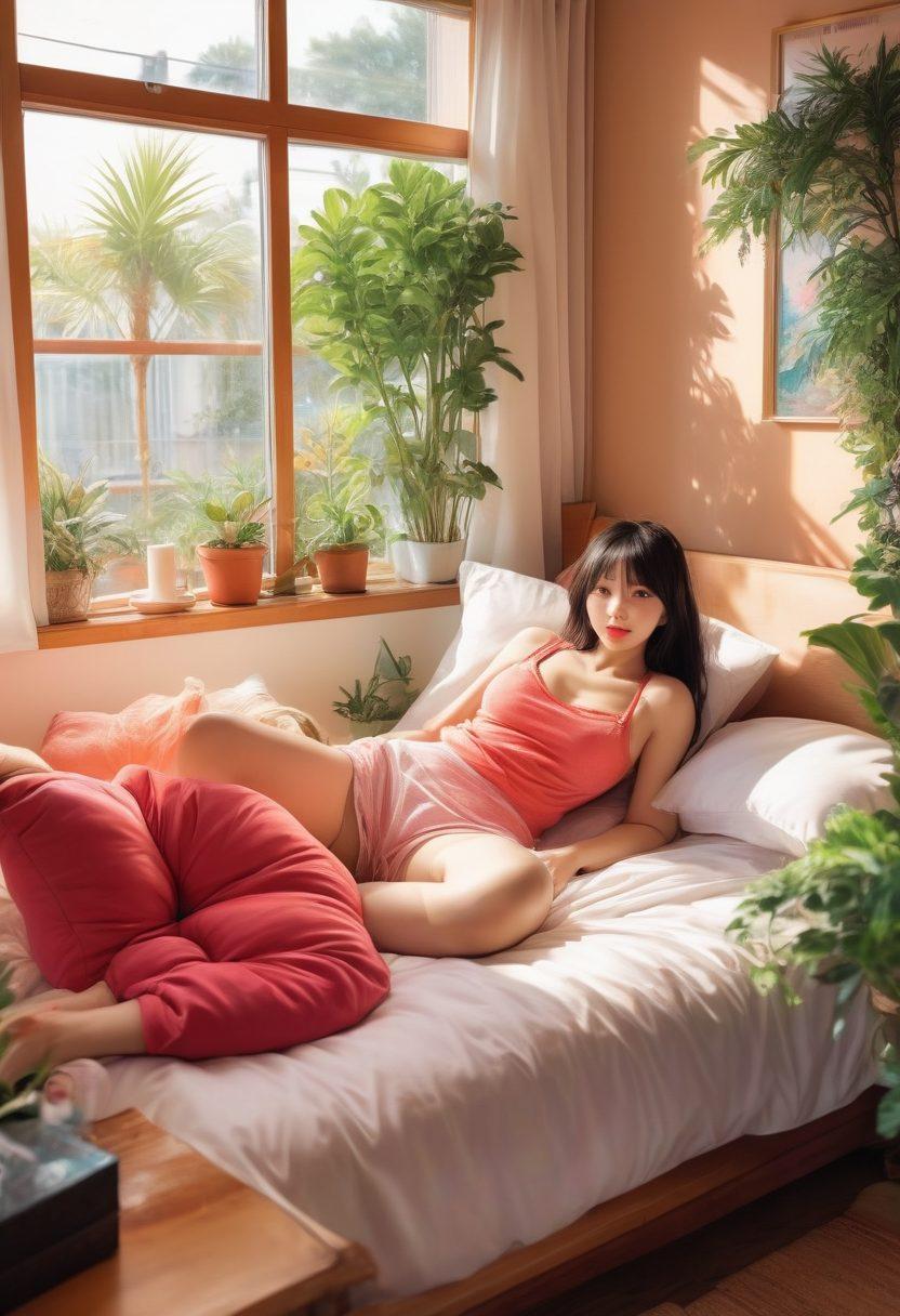 A semi-transparent manga-style book lying open, revealing vibrant, colorful illustrations of sensual scenes and characters, with playful expressions and soft lighting. In the background, a whimsical room filled with plush pillows, serene plants, and warm ambient light enhances the intimate atmosphere. Various manga covers and playful graphic elements float around to suggest a world of adult content and exploration. rich colors. manga art style. soft focus.